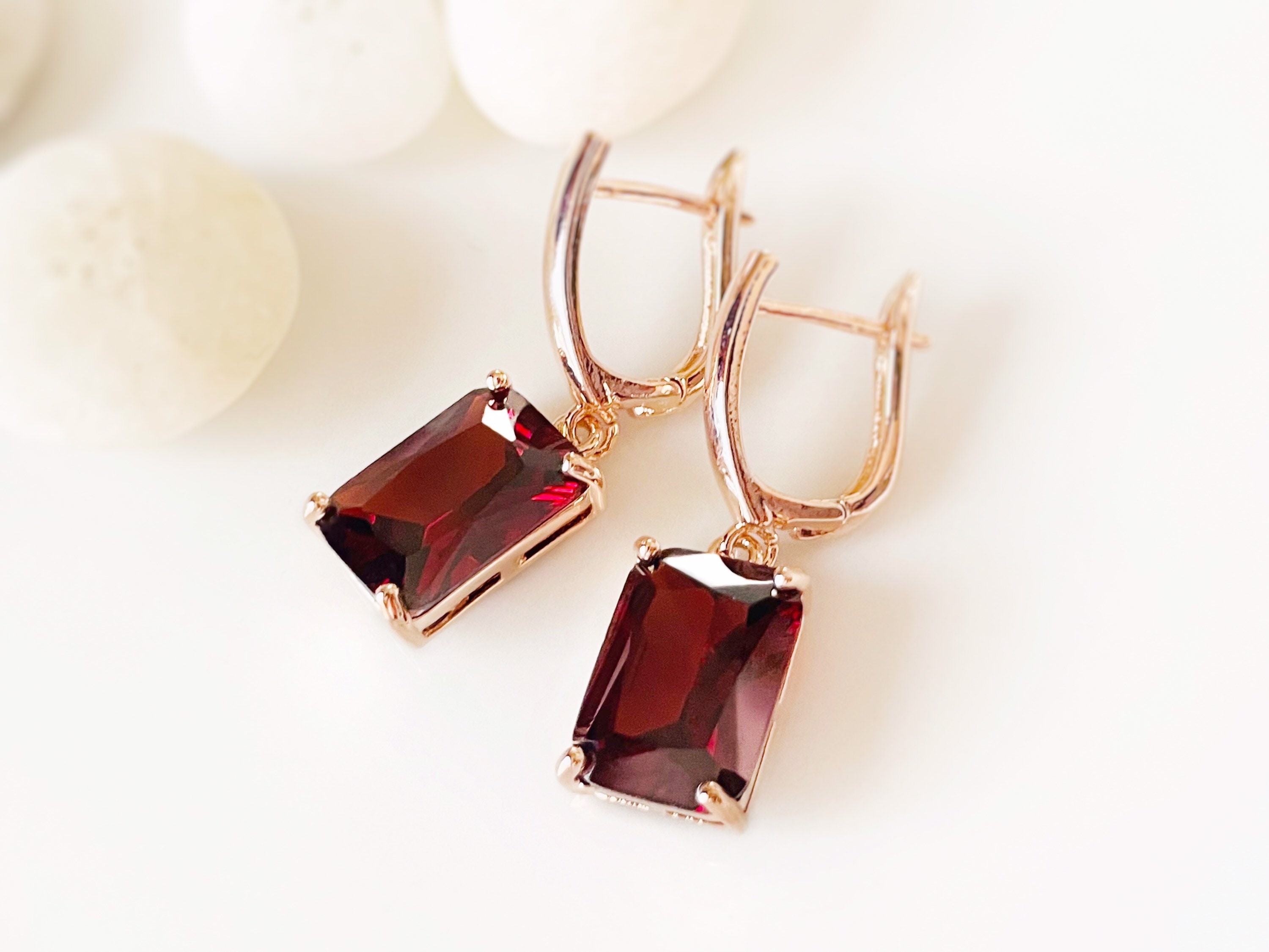 Large Emerald Cut Garnet Dangle Earrings January Birthstone Red