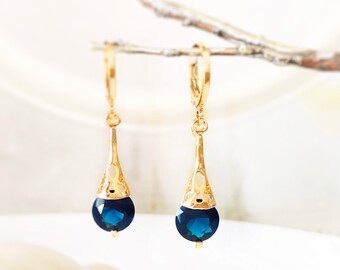 Sapphire filigree dangle earrings, dark blue gemstone earrings, gift for her, gift for daughter, September birthstone