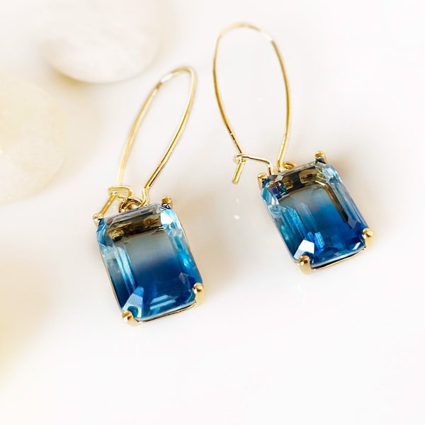 Bicolor sapphire emerald cut earrings in 14K gold filled, Gradient blue sapphire crystals, gift for her, gift for mom