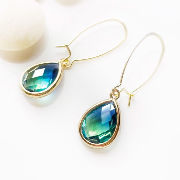 Bicolor blue tourmaline earrings in 14K gold, blue green teardrop crystal gemstones kidney wire earrings, gift for her, bridal earrings