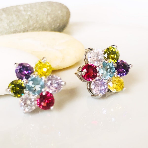 Multi-color gemstone stud earrings in 18k white gold, rainbow gemstone stud earrings, flower stud earrings, gift for her, gift for mom