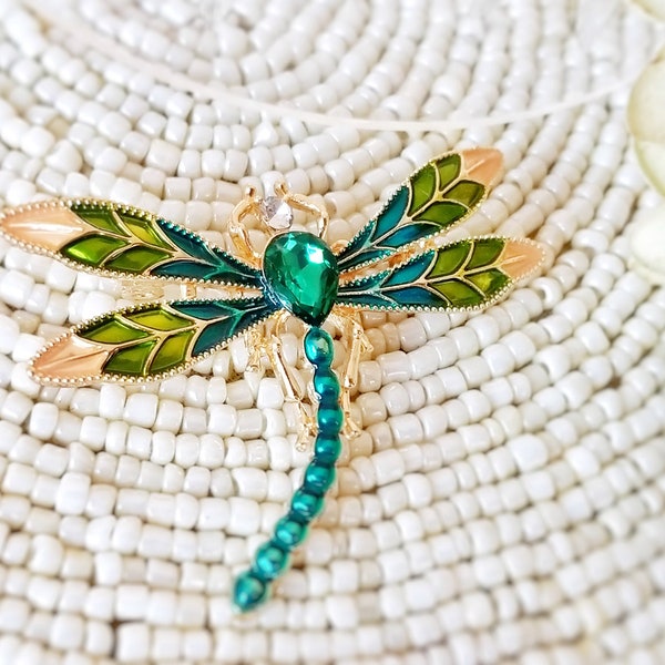 Emerald green crystal dragonfly gold brooch pendant with green/gold enameled wings, gift for her, gift for mom