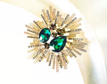 Smaragd grün Starburst Brosche Pin, große grün goldene Statement Kristall Brosche, Geschenk für Mama, Geschenk für sie