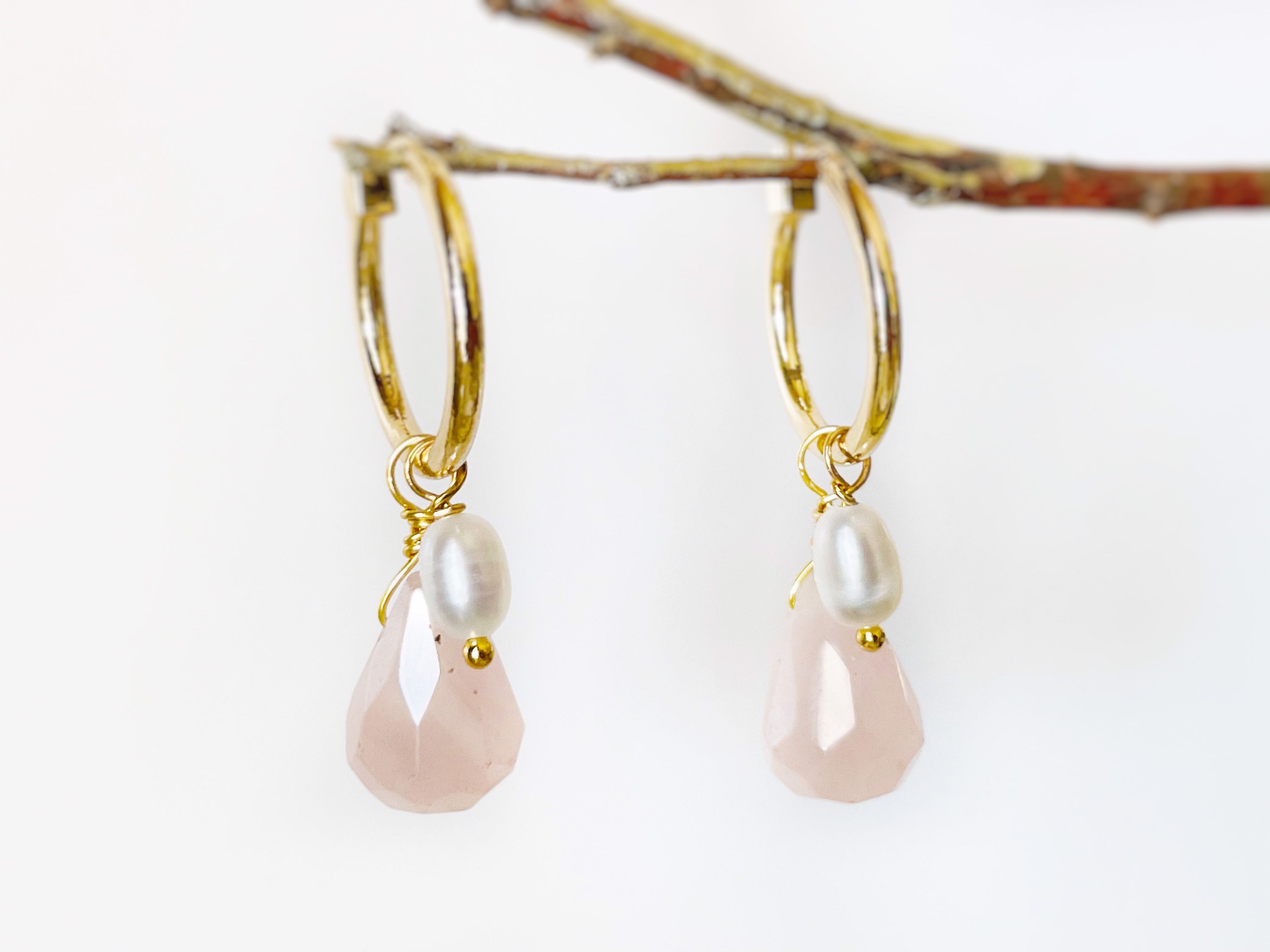Rose quartz pearl gold hoop earrings handmade natural | Etsy