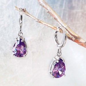Amethyst teardrop dangle earring in 14k gold, February birthstones, purple gemstone earrings, gift for her, gift for mom white gold