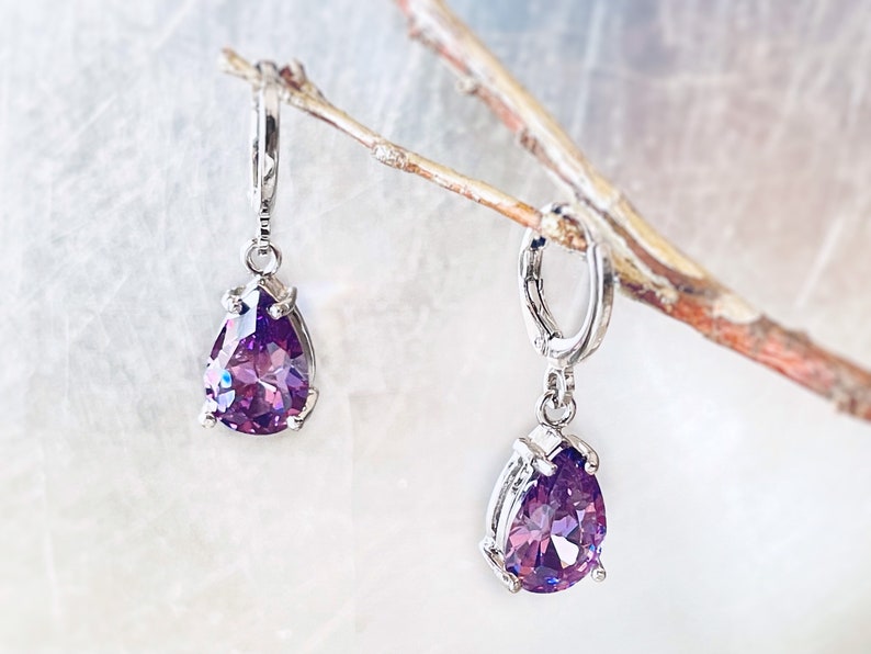 Amethyst teardrop dangle earring in 14k gold, February birthstones, purple gemstone earrings, gift for her, gift for mom white gold