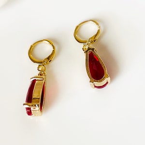 Teardrop garnet gemstone huggie dangling earrings gold, elongated dark dark red gemstone drop earrings, gift for her, January birthstone image 4