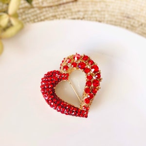 Crystal heart red brooch pin in 14K gold plated, valentines gift, for her, gift for mom