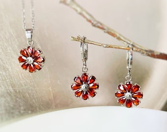 Garnet daisy 2pc jewelry set, red garnet gemstone flower dangle earrings, Garnet flower earrings necklace, January birthstone, gift for her