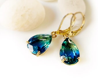 Bicolor green tourmaline dangle earrings, blue green teardrop earrings, gift for her, gift for mom