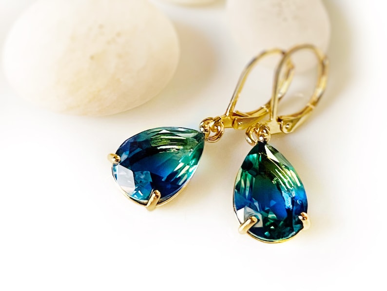 Bicolor green tourmaline dangle earrings, blue green teardrop earrings, gift for her, gift for mom Green/Blue