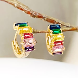 Small Rainbow Gemstone Hoop Earrings Gold, Multicolor Gemstone Hoop earrings, Gift For Her, Gift For girls