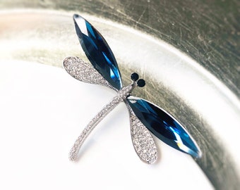 Blue sapphire dragonfly brooch, large dragonfly crystal brooch pin in 18K white gold, gift for mom, gift for her