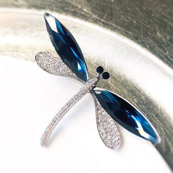 Blue sapphire dragonfly brooch, large dragonfly crystal brooch pin in 18K white gold, gift for mom, gift for her