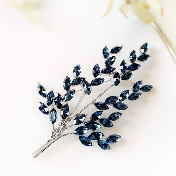 Blue sapphire tree branch brooch, tree crystal brooch pin, navy crystal brooch gold, gift for mom, gift for her