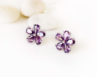Solid 925 Sterling Silver Violet Purple February Simulated Birthstone Simulated Amethyst & Diamond Earrings 13mm x 7mm .01 cttw. 