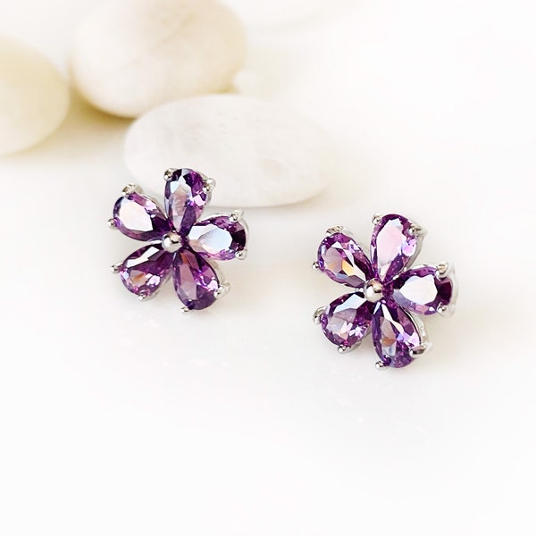 Amethyst flower stud earrings, dark purple gemstone flower studs, gift for her, gift for mom, February birthstone, bridal earrings
