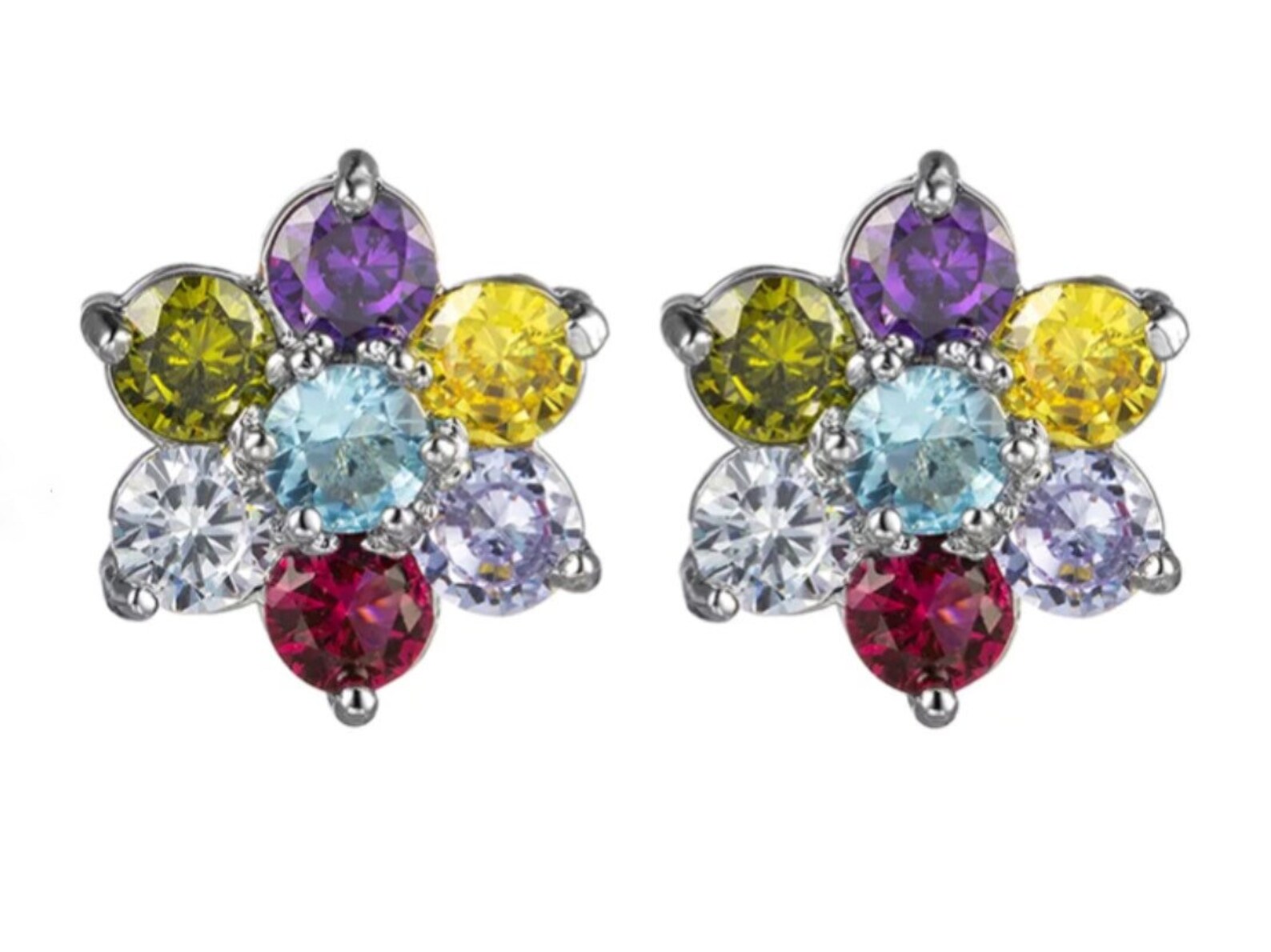 Multicolor Gemstone Stud Earrings in 18k White Gold Rainbow Etsy
