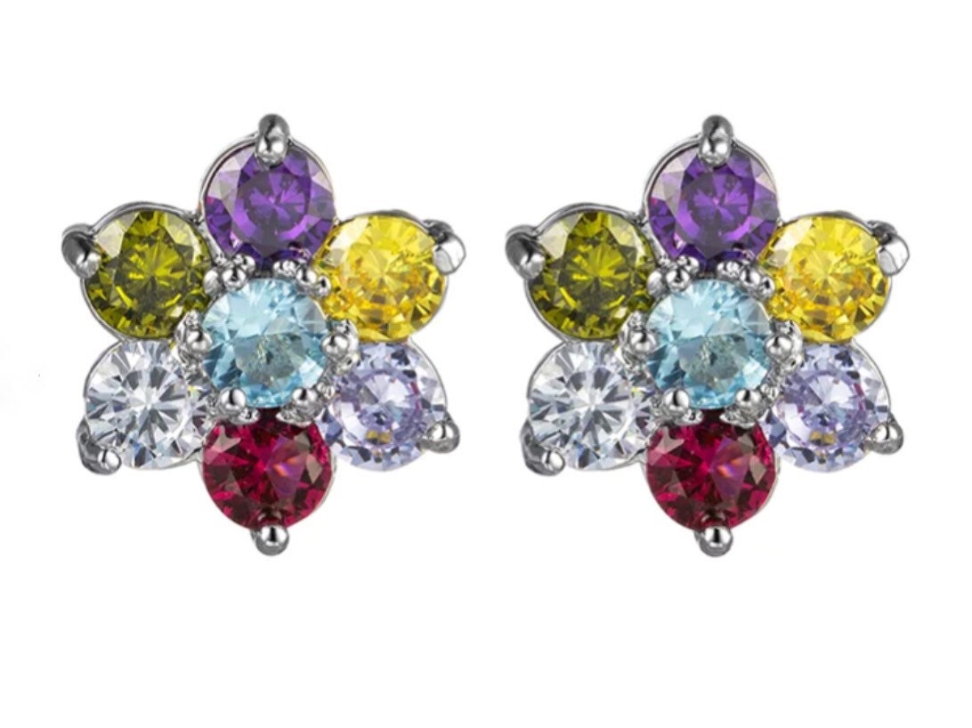 Multicolor Gemstone Stud Earrings in 18k White Gold Rainbow Etsy