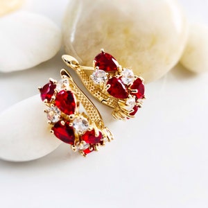 Ruby white sapphire statement hoop earrings, red white gemstone large cluster hoop earrings, gift for mom, gift for her, July birthstone