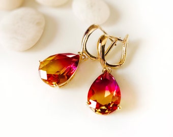 Large bi-color imperial topaz dangling earring in 14K gold, orange pink topaz drop earrings, bicolor gemstone, gift for her, gift for mom