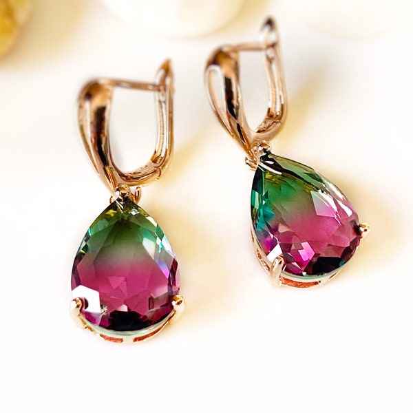 Grande boucle d'oreille pendante tourmaline pastèque en or rose, boucles d'oreilles tourmaline bicolore, boucles d'oreilles pierre verte rose, cadeau pour elle, cadeau pour maman