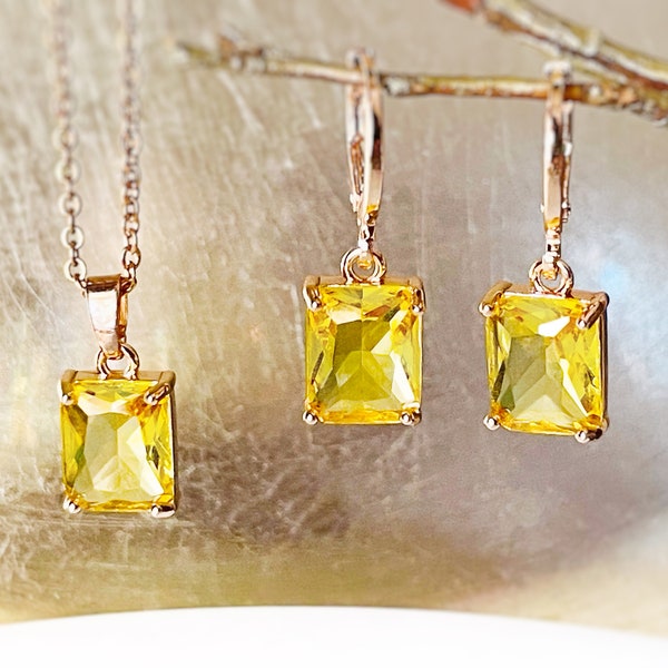 Small emerald cut citrine 2pc jewelry set, yellow gemstone earring necklace set, November birthstone, gift for women, gift for girls