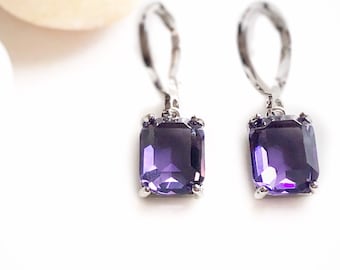 Small emerald cut amethyst dangle earrings, purple gemstone drop earrings, February birthstone, gift for women, gift for girls