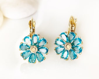 Blue topaz daisy leverback earrings, blue gemstone flower earrings, December birthstone earrings, gift for mom, gift for her