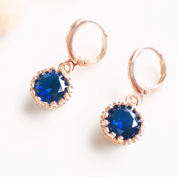 Blue sapphire 8mm dangle earrings, blue gemstone round bezel earrings, gift for her, gift for daughter, September birthstone