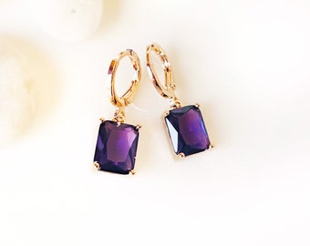 Small emerald cut amethyst dangle earrings, purple gemstone drop earrings, February birthstone, gift for women, gift for girls