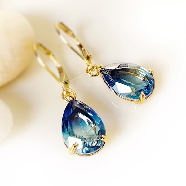 Bicolor Sapphire dangle earrings, blue green teardrop earrings, gift for her, gift for mom