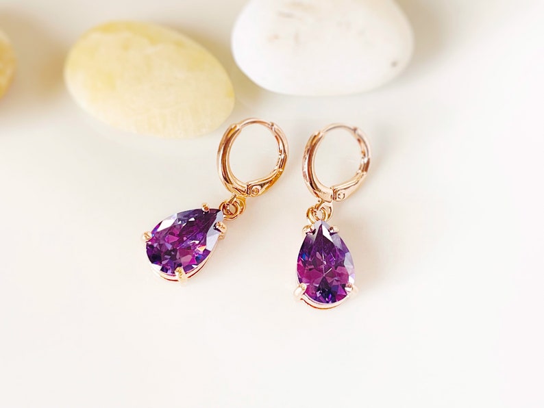 Amethyst teardrop dangle earring in 14k gold, February birthstones, purple gemstone earrings, gift for her, gift for mom image 4