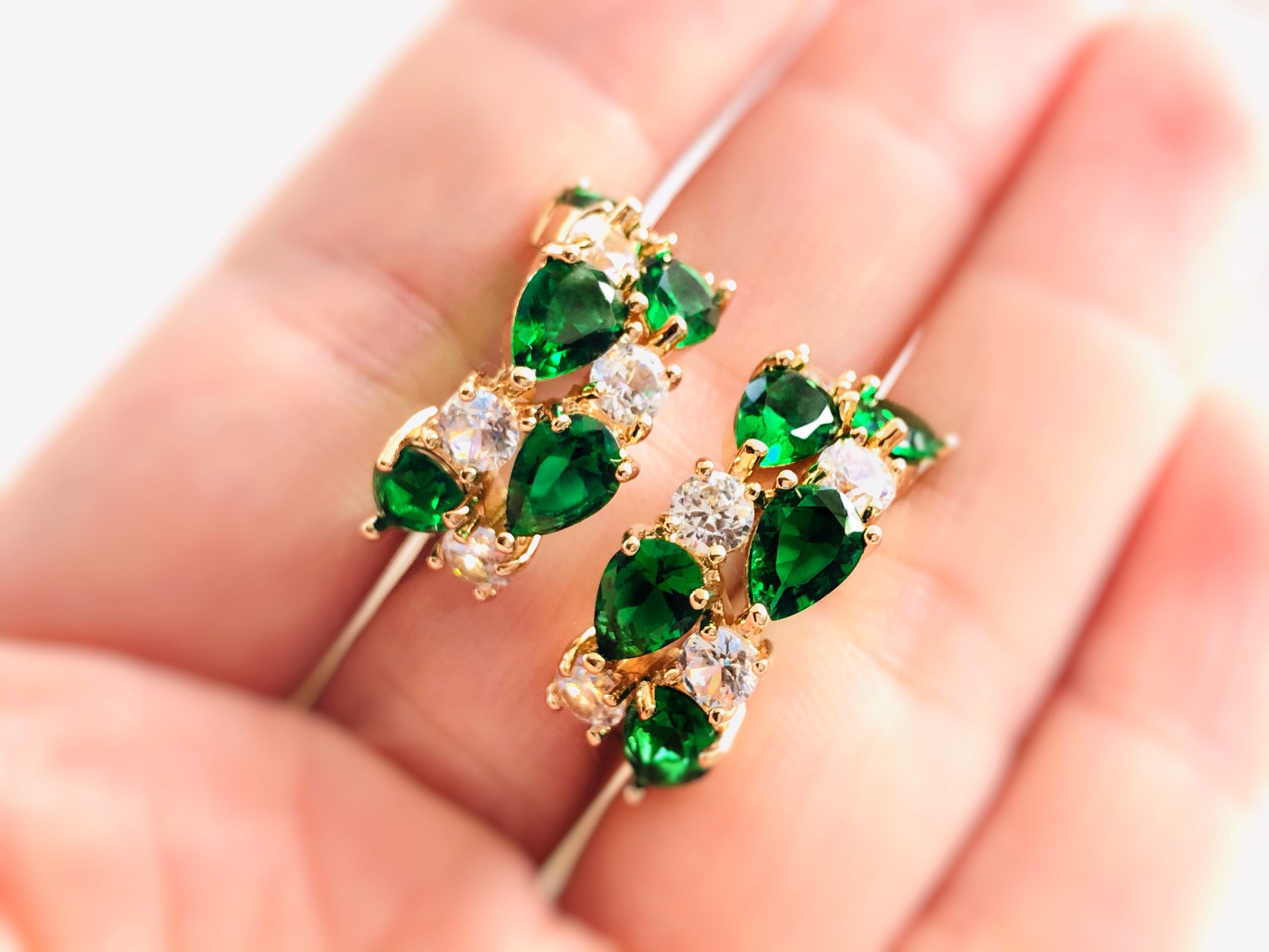 Emerald CZ crystal hoop earrings 18K white GP green hoop Etsy