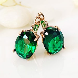 Large emerald stud leverback earrings, dark green cushion cut bridal earrings, May birthstone, gift for her, gift for mom