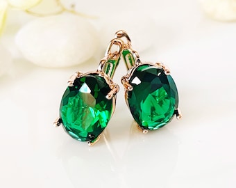 Large emerald stud leverback earrings, dark green cushion cut bridal earrings, May birthstone, gift for her, gift for mom