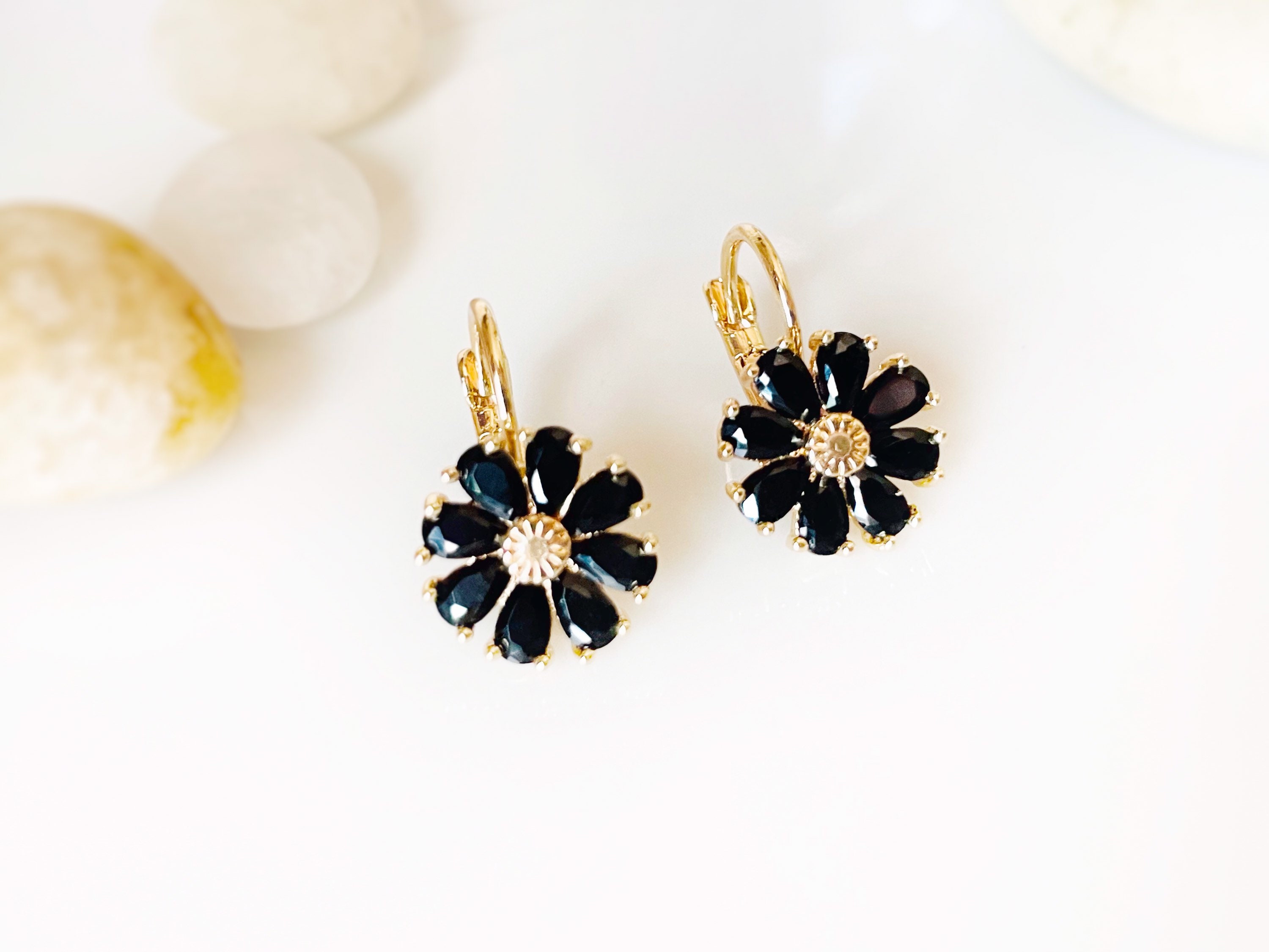 Onyx daisy gemstone earrings black gemstone flower gold Etsy