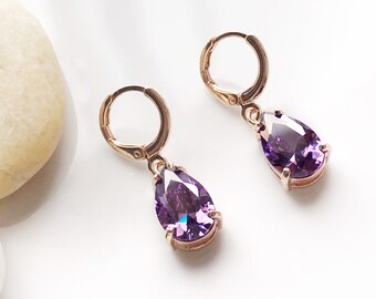 Amethyst gemstone huggie dangling earring in 14K rose gold, February birthstones, purple gemstone earrings, gift for her, gift for mom