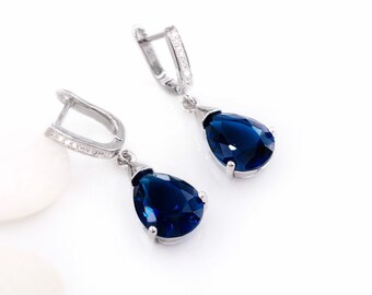 Teardrop sapphire earrings, dark blue gemstone sapphire gemstone drop earrings, bridesmaids earrings, gift for her, September birthstones