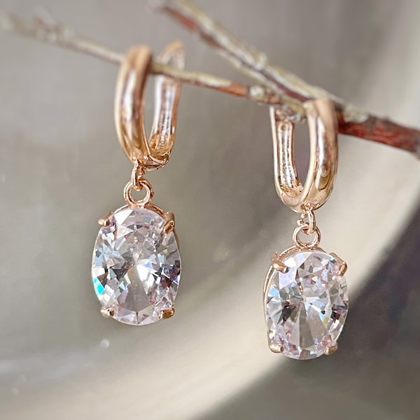 Large cushion cut white sapphire dangling earring in 14K rose gold, gift for her, gift for mom, bridal earrings