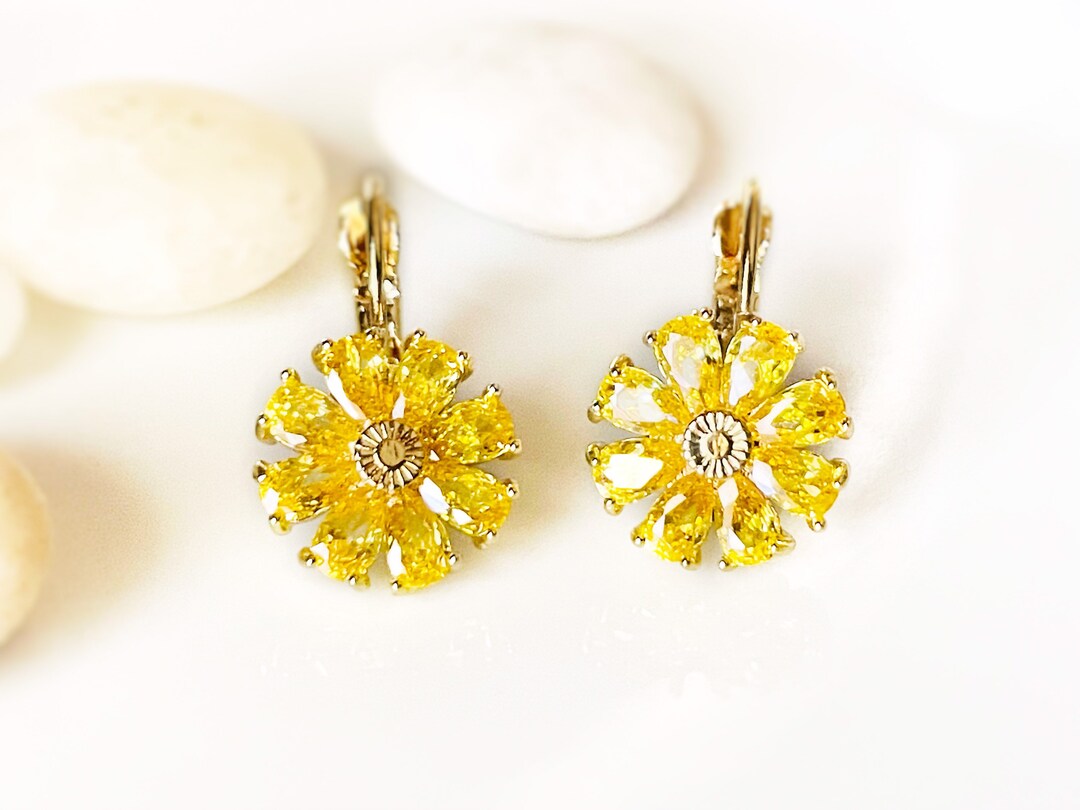 Citrine Daisy Leverback Earrings, Yellow Gemstone Flower Earrings