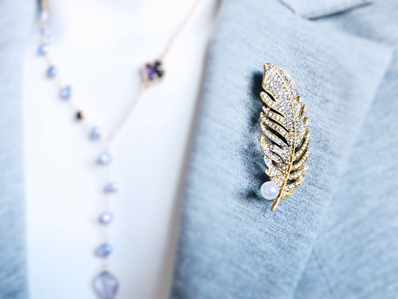 Pearl crystal pave feather brooch pin white gold plated, crystal feather silver brooch, wedding bouquet brooch, gift for her, gift for mom image 5