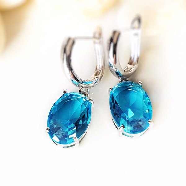 Large cushion cut blue topaz dangle earrings, blue gem drop earrings, gift for her, azure bridal earrings, December birthday gift