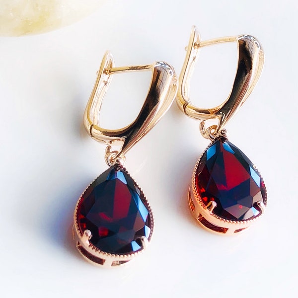 Garnet teardrop dangle earrings, large teardrop dark red gemstone earrings, gift for her, gift for mom, January birthday