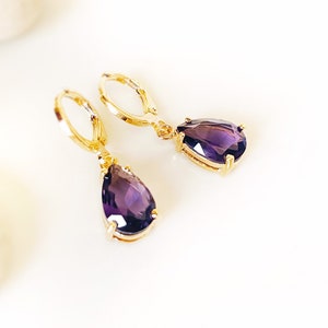 Amethyst teardrop dangle earring in 14k gold, February birthstones, purple gemstone earrings, gift for her, gift for mom