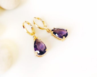 Amethyst teardrop dangle earring in 14k gold, February birthstones, purple gemstone earrings, gift for her, gift for mom