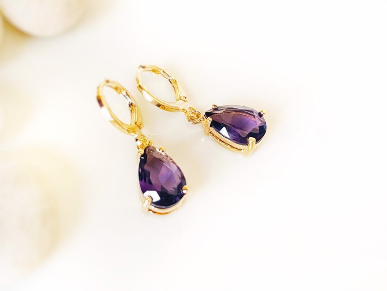Amethyst teardrop dangle earring in 14k gold, February birthstones, purple gemstone earrings, gift for her, gift for mom Gold