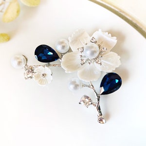 Blue sapphire pearl flower brooch, flower bouquet brooch pin, blue crystal pearl wedding bouquet brooch, gift for mom, gift for her image 1