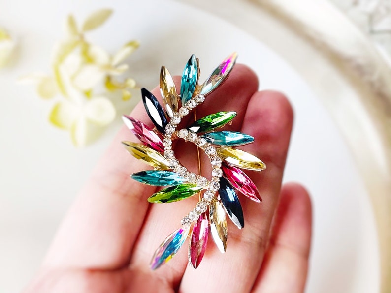 Multicolored crystal bouquet brooch pin, rainbow fancy crystal brooch, crystal statement brooch, gift for her, gift for mom image 2