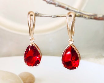 Ruby teardrop dangle earrings, July  birthstones, red gemstone earrings, gift for her, gift for mom